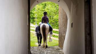 Riding through Splügen on Icelandic horses