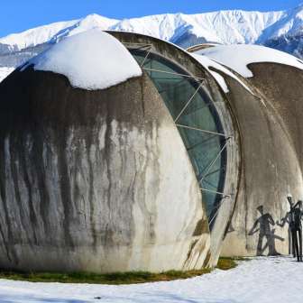 The stone church in Cazis in winter