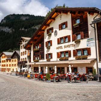 The Hotel Suretta in Splügen in summer