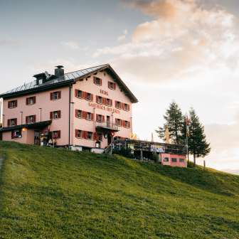 The Beverin mountain inn on the Glas Pass at sunrise