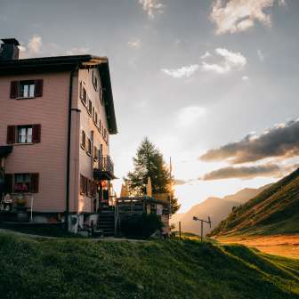The Beverin mountain inn on the Glas Pass at sunrise