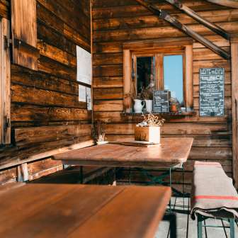 The terrace of the Feldis ski hut in summer